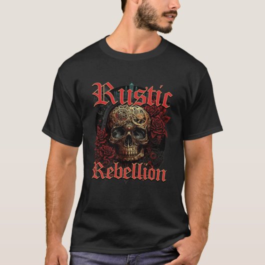 Rustic Rebellion Steampunk Goth Skull Red Rosed Gr T-Shirt (Vorderseite)