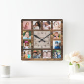Rustic Reclaimed Wood Farmhouse 12 Photo Collage Quadratische Wanduhr (Zuhause)