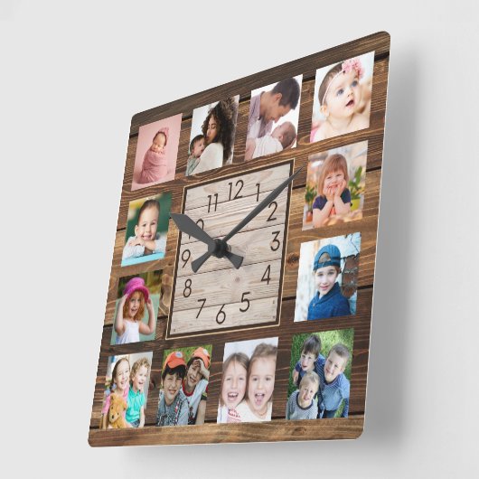 Rustic Reclaimed Wood Farmhouse 12 Photo Collage Quadratische Wanduhr (Winkel)