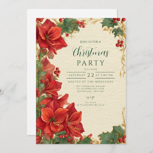 Rustic Red Amaryllis Christmas Einladung (Vorne/Hinten)