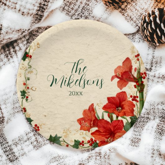 Rustic Red Amaryllis Christmas Pappteller