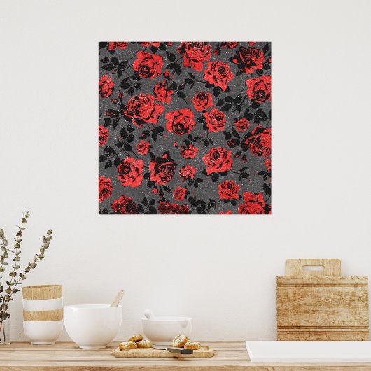 Rustic Red and Black Stem Rose Pattern Poster (Küche)