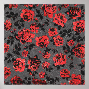 Rustic Red and Black Stem Rose Pattern Poster