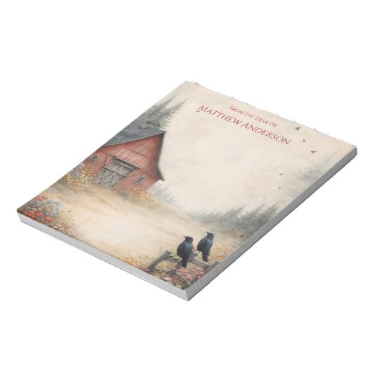 Rustic Red Barn and Crows Farm Scene | Notizblock (Rotiert)