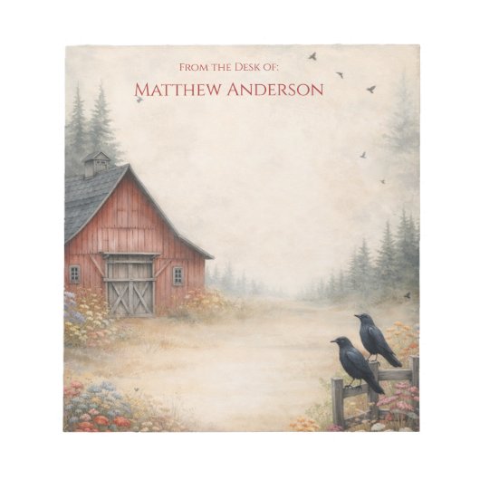 Rustic Red Barn and Crows Farm Scene | Notizblock (Vorderseite)