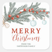 Rustic Red Berry Evergreen Branch Frohe Weihnachte Quadratischer Aufkleber (Vorderseite)