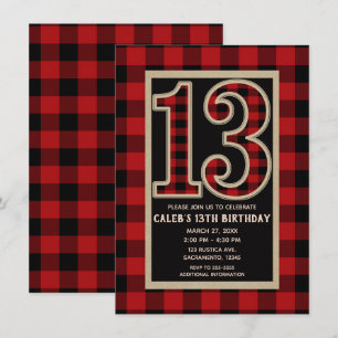 Rustic Red Black Büffel Karo 13. 13. Geburtstag Einladung
