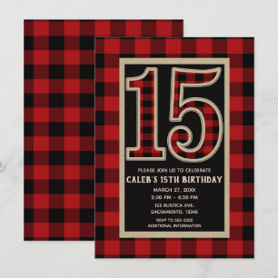 Rustic Red Black Büffel Karo 15. 15. Geburtstag Einladung