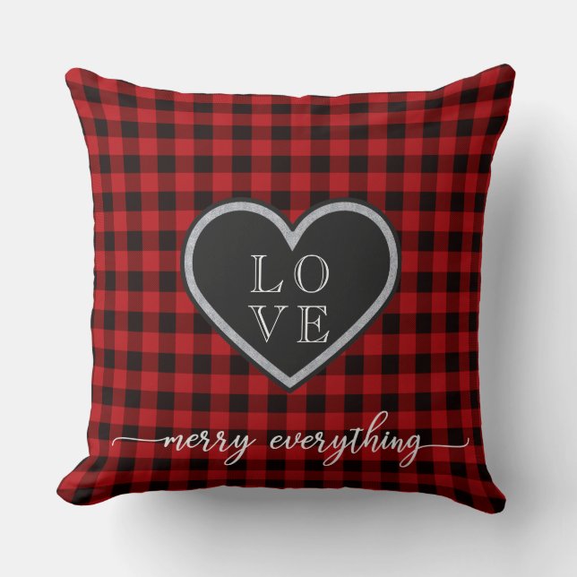 Rustic Red Black Kariert Christmas Heart Monogram Kissen (Vorderseite)