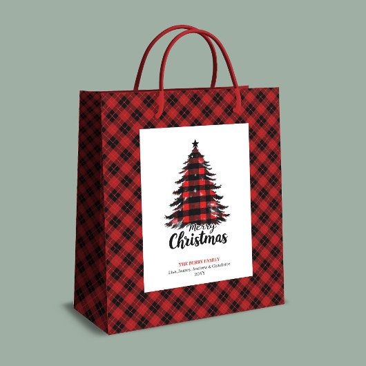 Rustic red black tartan Christmas gift bag custom Mittlere Geschenktüte