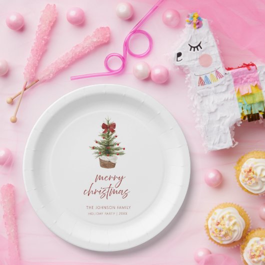 Rustic Red Bow Christmas Tree Holiday Pappteller (Party)