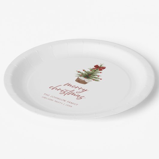 Rustic Red Bow Christmas Tree Holiday Pappteller (Schrägansicht)