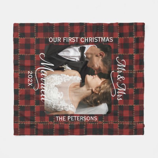 Rustic Red Buffalo Karo First Christmas Married  Fleecedecke (Vorderseite (Horizontal))