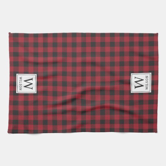 Rustic Red Buffalo Karo Monogram Christmas Geschirrtuch (Horizontal)