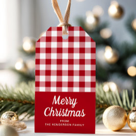Rustic Red Checkered Script Frohe Weihnachten Geschenkanhänger