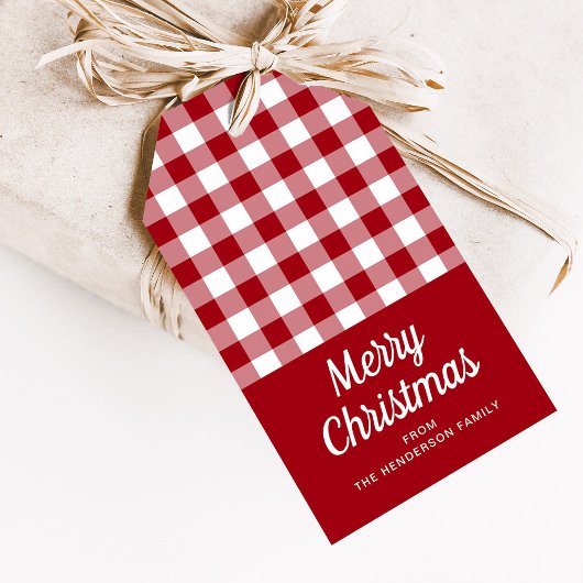 Rustic Red Checkered Script Frohe Weihnachten Geschenkanhänger