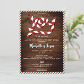 Rustic Red Christmas Candy Cane Joy Baby Showroom Einladung (Stehend Vorderseite)
