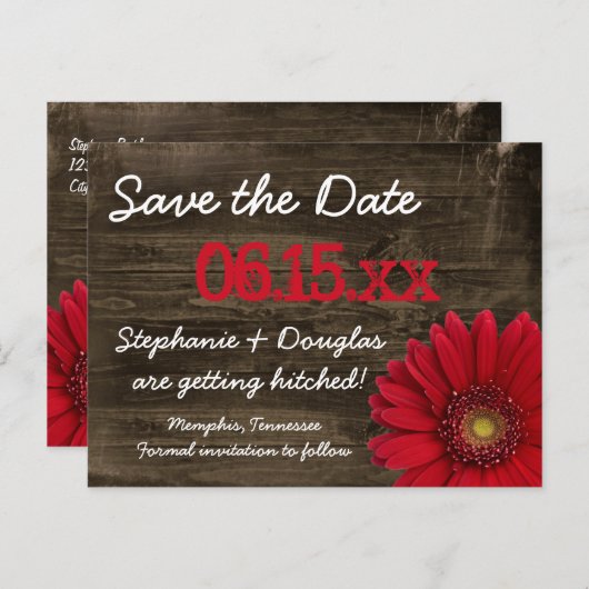 Rustic Red Daisy Wood Save the Date Postkarten (Vorne/Hinten)