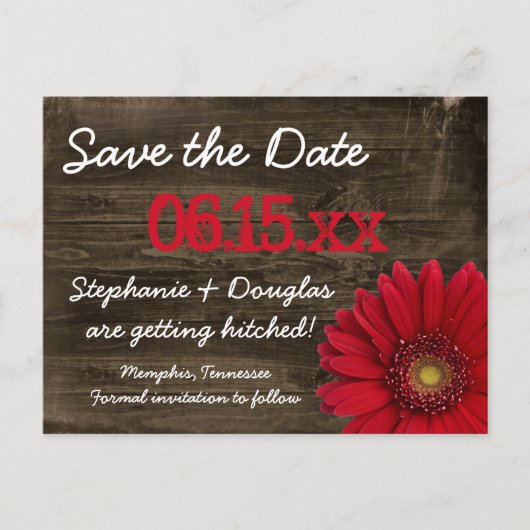Rustic Red Daisy Wood Save the Date Postkarten (Vorderseite)