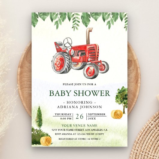 Rustic Red Farm Tractor Baby Shower Einladung