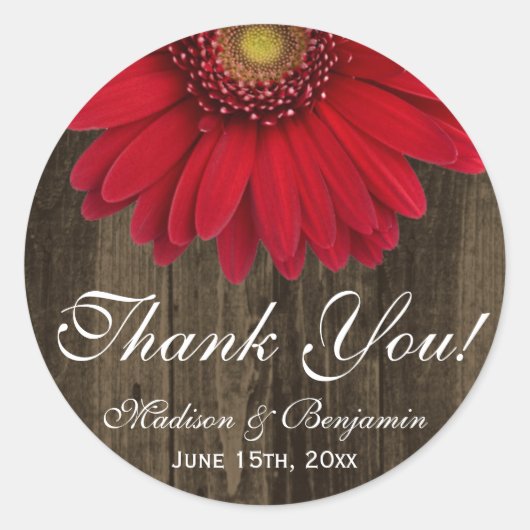 Rustic Red Gerber Daisy Wedding Vielen Dank, Ihr S Runder Aufkleber (Vorderseite)