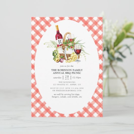 Rustic Red Gingham GRILLEN Picnic Monogram Einladung (Stehend Vorderseite)