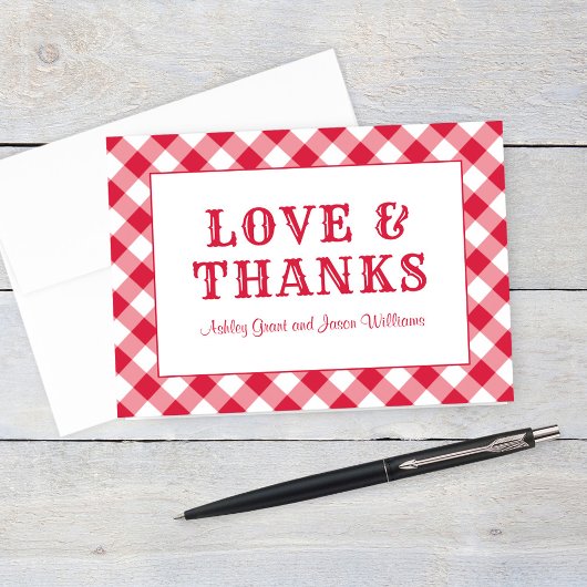 Rustic Red Gingham Kariert Wedding Monogram Dankeskarte