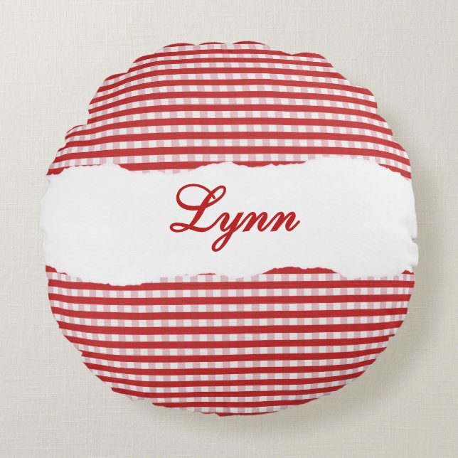 Rustic Red Gingham Personalized Name Rundes Kissen (Vorderseite)