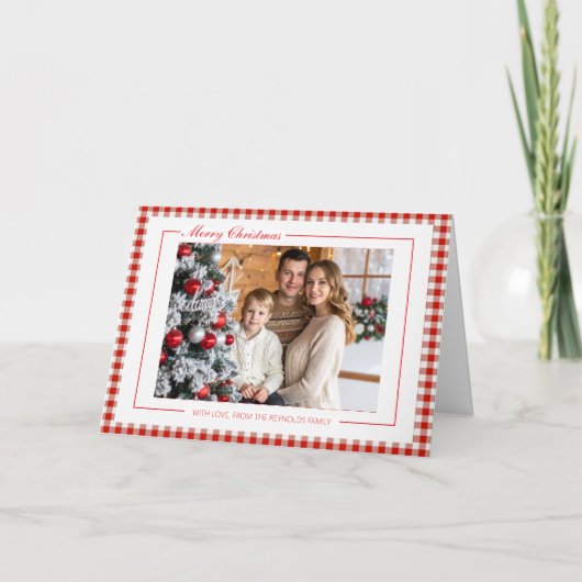 Rustic Red Gingham Photo Christmas Greeting Card Karte (Vorderseite)