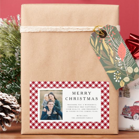 Rustic Red Gingham Photo Christmas Rechteckiger Aufkleber (Feiertag)