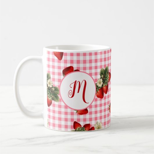 Rustic Red Gingham Strawberry Custom Monogram Kaffeetasse (Links)