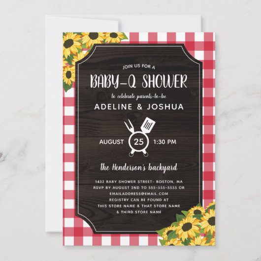 Rustic Red Gingham Sunflowers Baby-Q Dusche Einladung (Vorderseite)