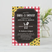 Rustic Red Gingham Sunflowers Baby-Q Dusche Einladung (Stehend Vorderseite)