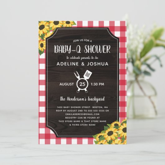 Rustic Red Gingham Sunflowers Baby-Q Dusche Einladung (Stehend Vorderseite)