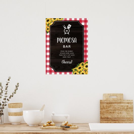 Rustic Red Gingham Sunflowers Monogram Momosa Bar Poster (Küche)