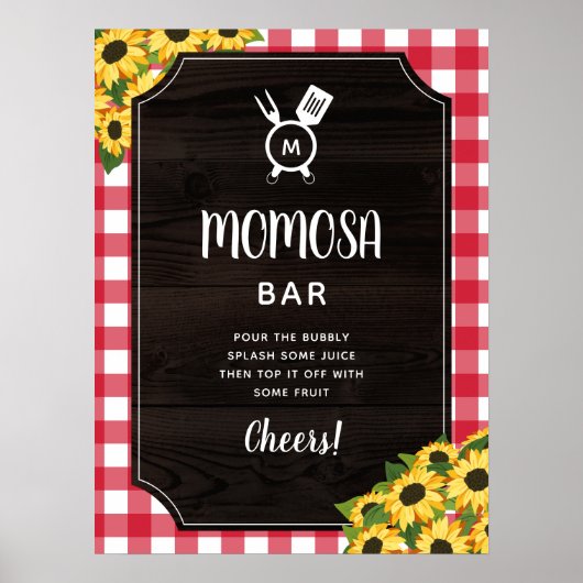 Rustic Red Gingham Sunflowers Monogram Momosa Bar Poster (Vorne)