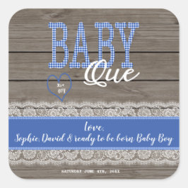 Rustic Red Gingham Wood Boy Baby ShowGRILLEN Quadratischer Aufkleber