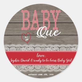 Rustic Red Gingham Wood Girl Baby ShowGRILLEN Runder Aufkleber
