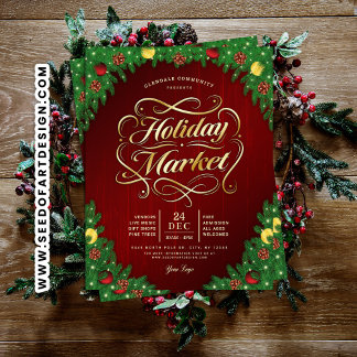 Rustic Red & Gold Christmas Holiday Market Event Flyer