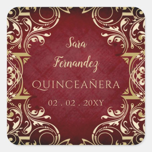 Rustic Red Gold Elegante Quinceanera Square Sticke Quadratischer Aufkleber (Vorderseite)