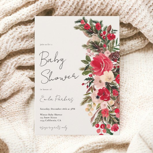 Rustic Red green Floral Winter baby shower Einladung