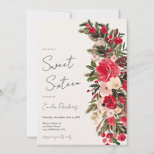 Rustic Red green Floral Winter Sweet 16 Einladung (Vorderseite)