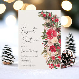 Rustic Red green Floral Winter Sweet 16 Einladung