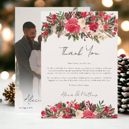 Rustic Red green Floral Winter Wedding Dankeskarte