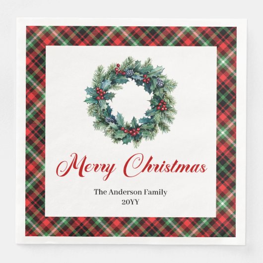 Rustic Red Green Plaid Christmas Wreath Napkins Serviette (Vorderseite)