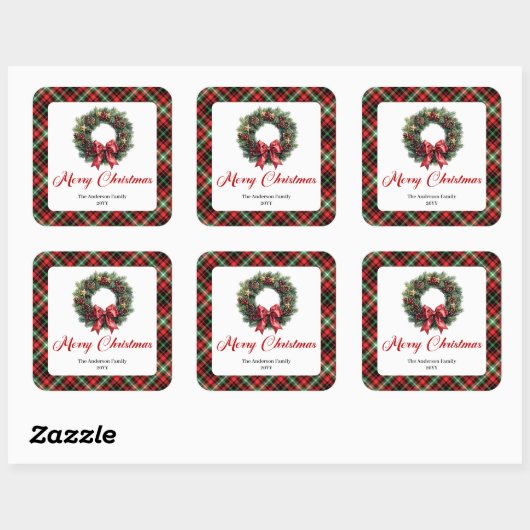 Rustic Red Green Plaid Christmas Wreath Sticker (Blatt)
