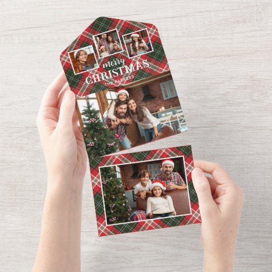 Rustic Red/Green Plaid Merry Christmas 4-Photo All In One Einladung (Abreißen)