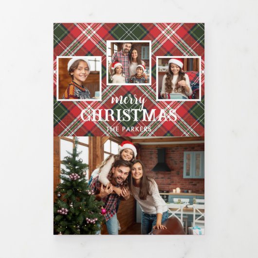 Rustic Red/Green Plaid Merry Christmas 4-Photo Dreifach Gefaltete Karte (Cover)