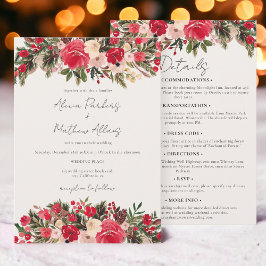 Rustic Red green winter Floral all in one Wedding Einladung