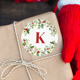 Rustic Red Monogram Holly Verlasst Berries Weihnac Runder Aufkleber